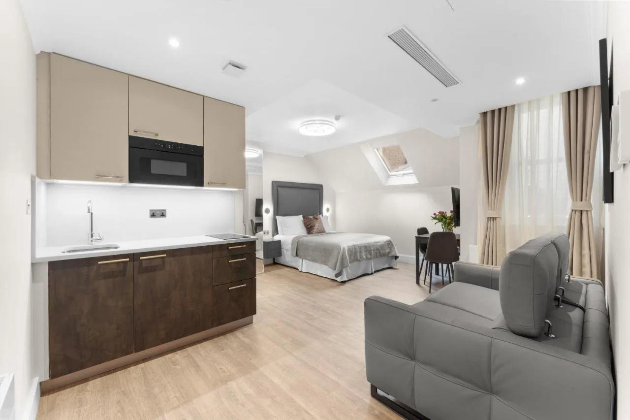 Open-plan living room with kitchen and bedroom area, Bloomsbury apartment